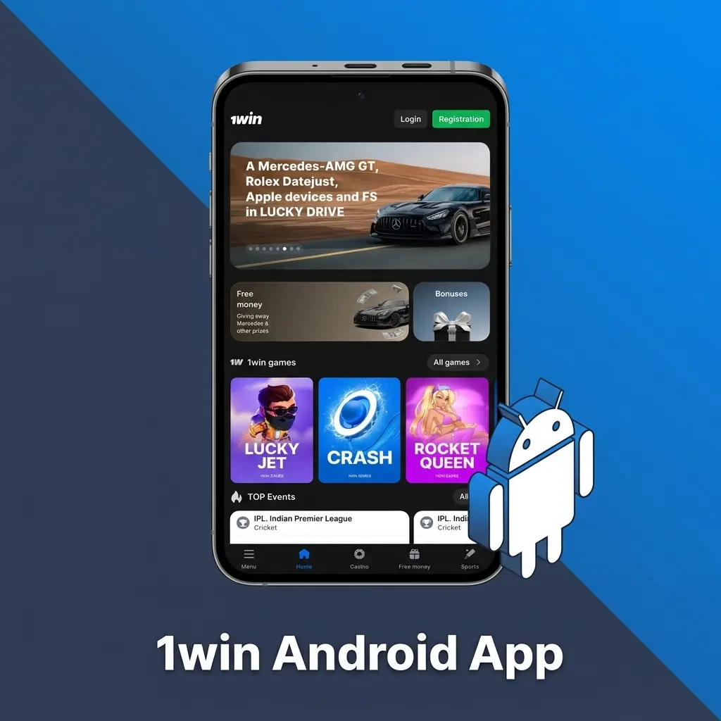1win Android app interface showing sports betting and casino games on a mobile device