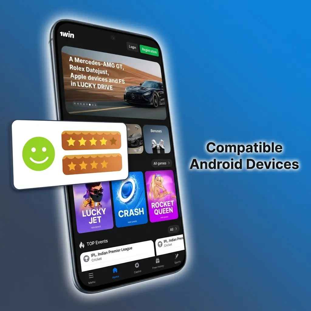 List of compatible Android devices for 1win app including Samsung, Redmi, Realme, POCO, Vivo, OPPO and OnePlus models
