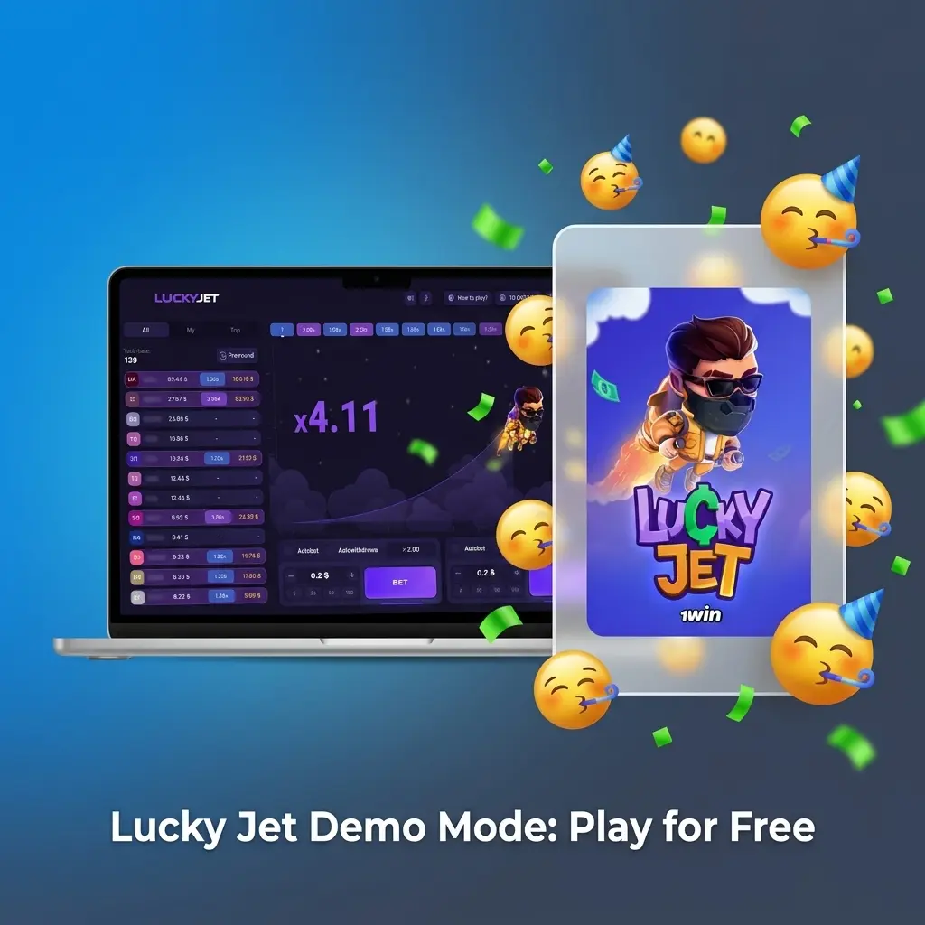 Lucky Jet demo mode interface on 1win with virtual credits, multiplier mechanics, and auto cash-out features